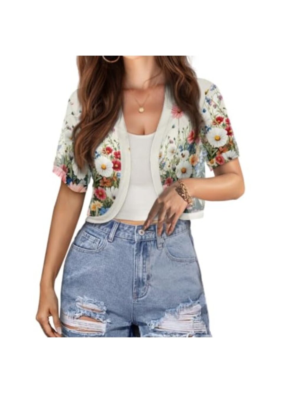 Women's Lightweight Cropped Cardigan Short Sleeve Slim Fit Polyester